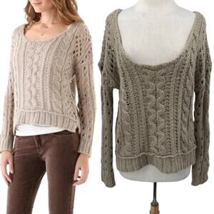 Free People Cable Knit Sweater Scoop Neck Slouchy Wool Mohair Taupe Tan Womens M